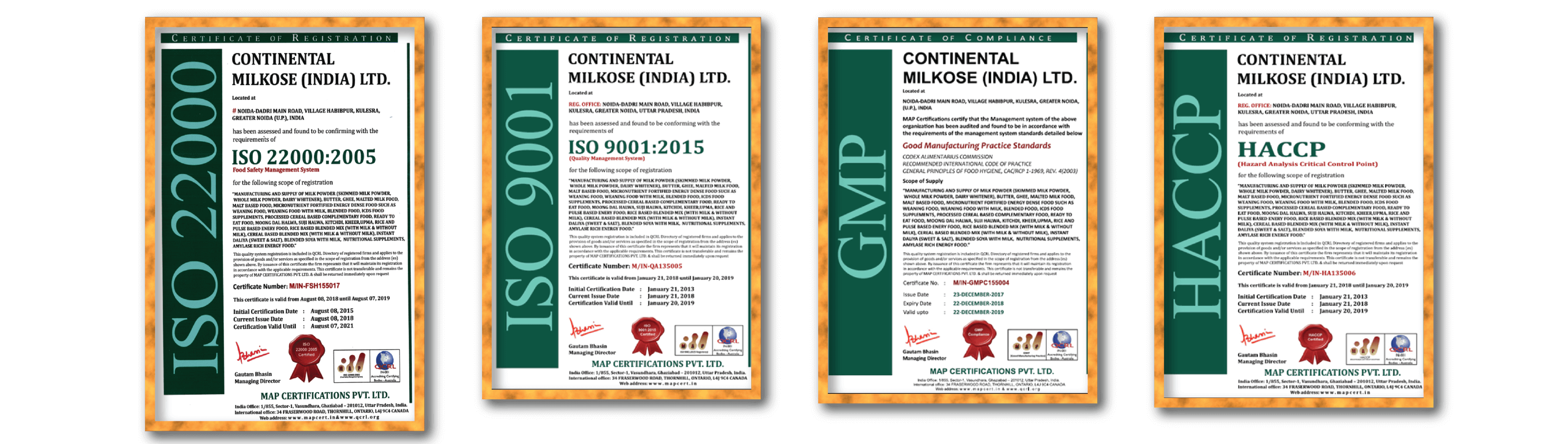 Certificates of Continental Milkose India Ltd